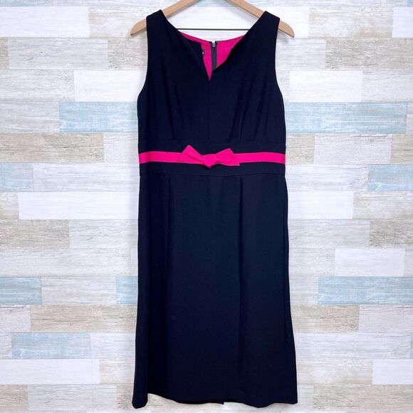 Donna Morgan Evening Cocktail Midi Dress Black Pink Satin Bow Front Womens 14 - Picture 1 of 6